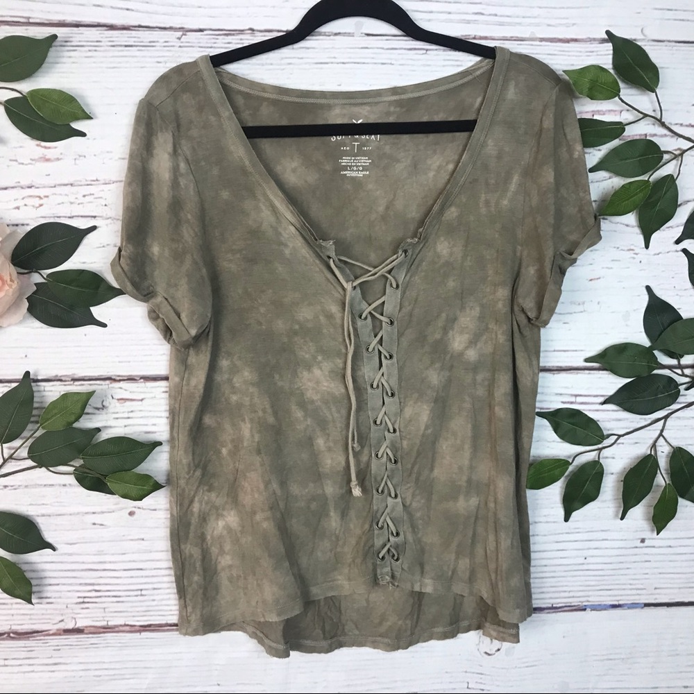 American Eagle Size Large Green Tie Dye Print Corset Lace Up Soft Sexy Top